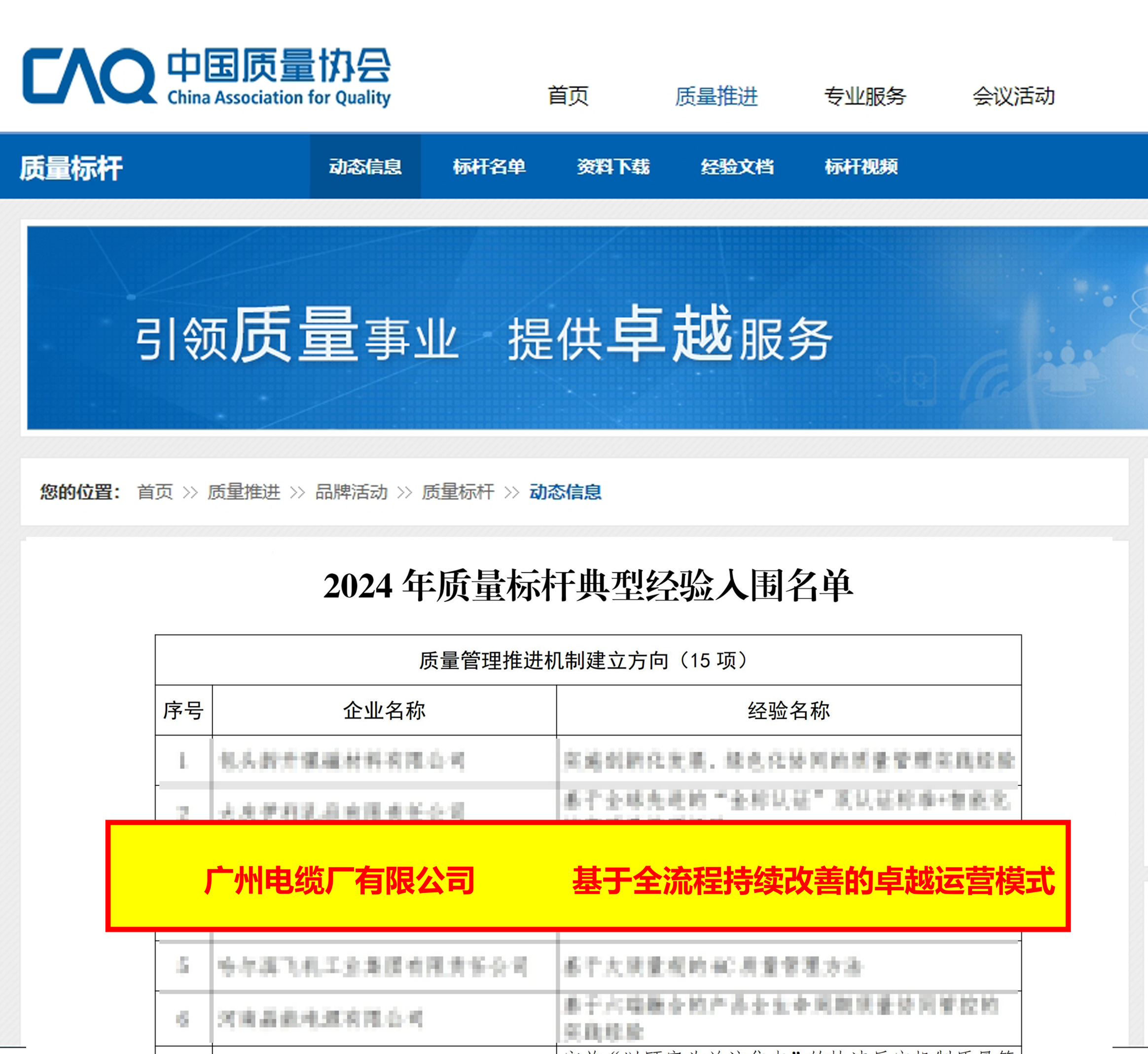 全国标杆|广州电缆入选中国2024年质量标杆典型经验名单