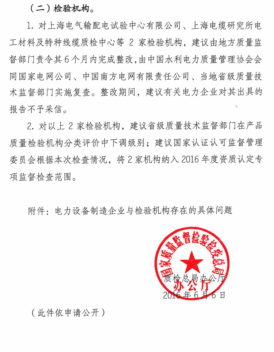 质检总局：关于电网设备材料质量监督行动有关工作情况的通报